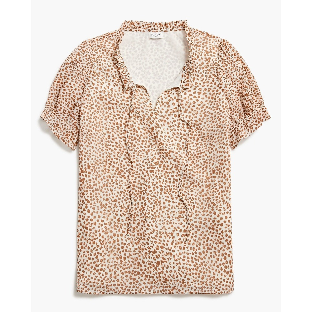 J. Crew Leopard Print Ruffle Tie Neck Short Sleeve Blouse Women's Size S NWT $80
